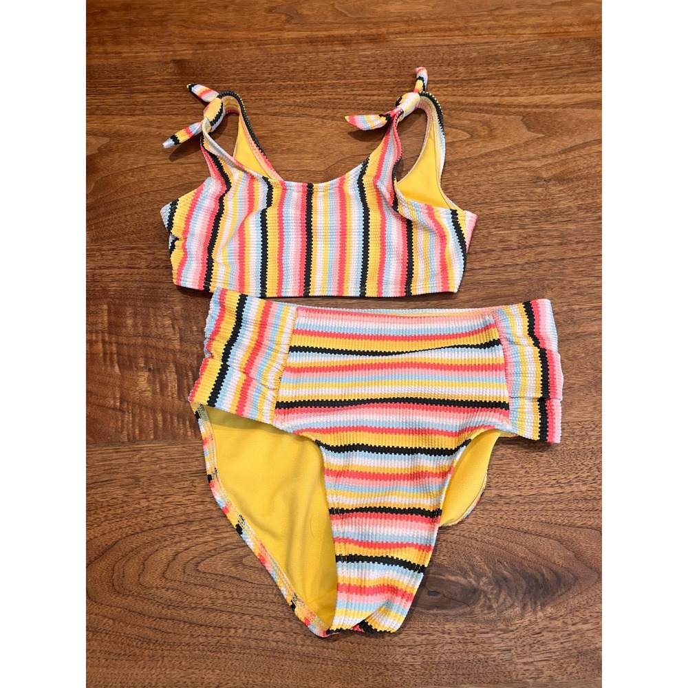 Wonder Nation Girls Striped Two Piece Swimsuit High Waist Ruffle Yellow M 7-8